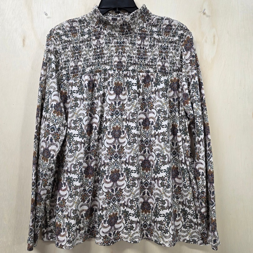 J. Jill Womens XL Floral Paisley Smocked Mock Neck Cotton Tencel Top Cream Multi